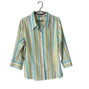 Liz Claiborne Green, White & Turquoise Striped Button Up Shirt 3/4  Sleeve Sz 16